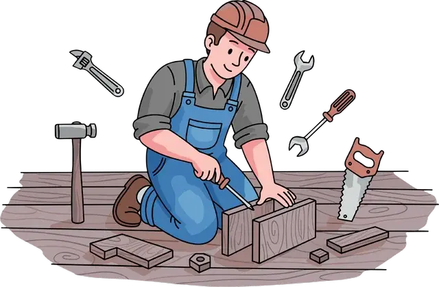 A carpenter working at a bench surrounded by hand tools
