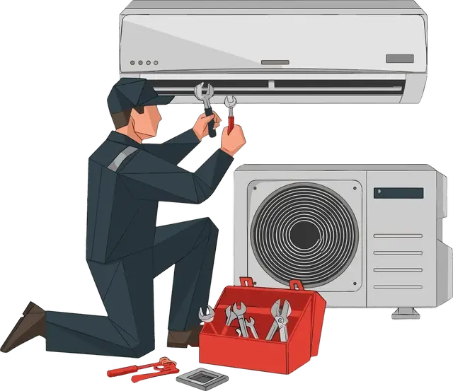 A technician fitting a wall-mounted mini-split above its outdoor condenser unit