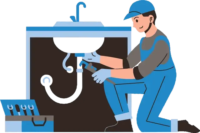 A plumber working on the pipework under a kitchen sink
