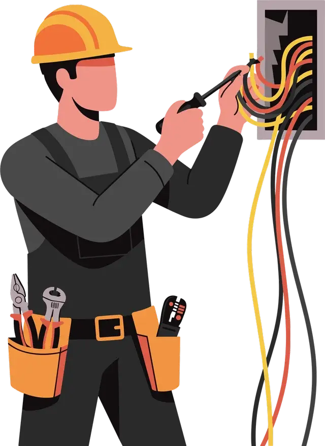An electrician in a hard hat wiring a circuit panel
